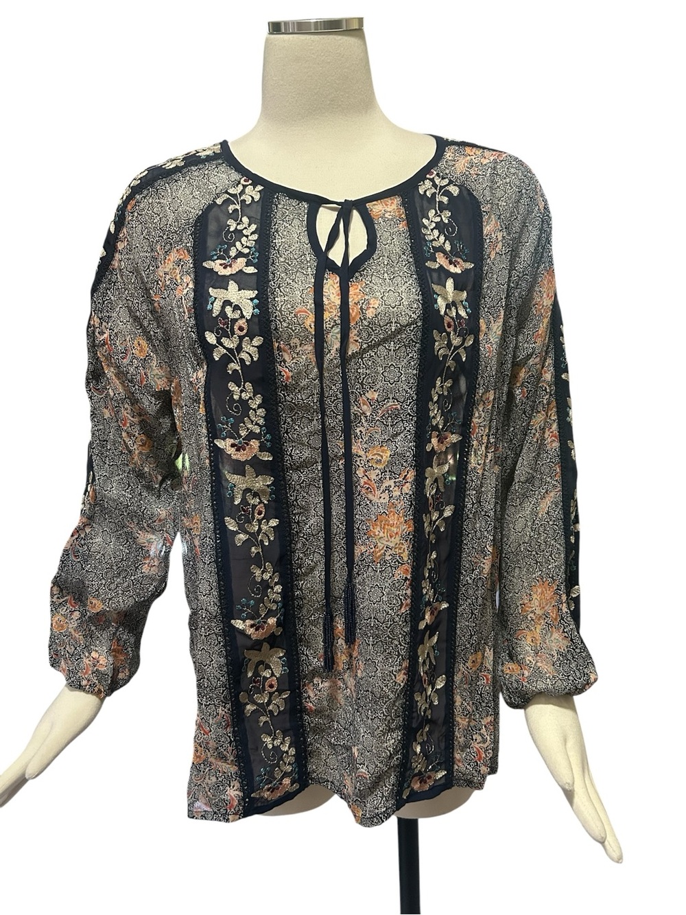 Lucky Brand Navy Floral Embroidered Tie-Neck Blouse